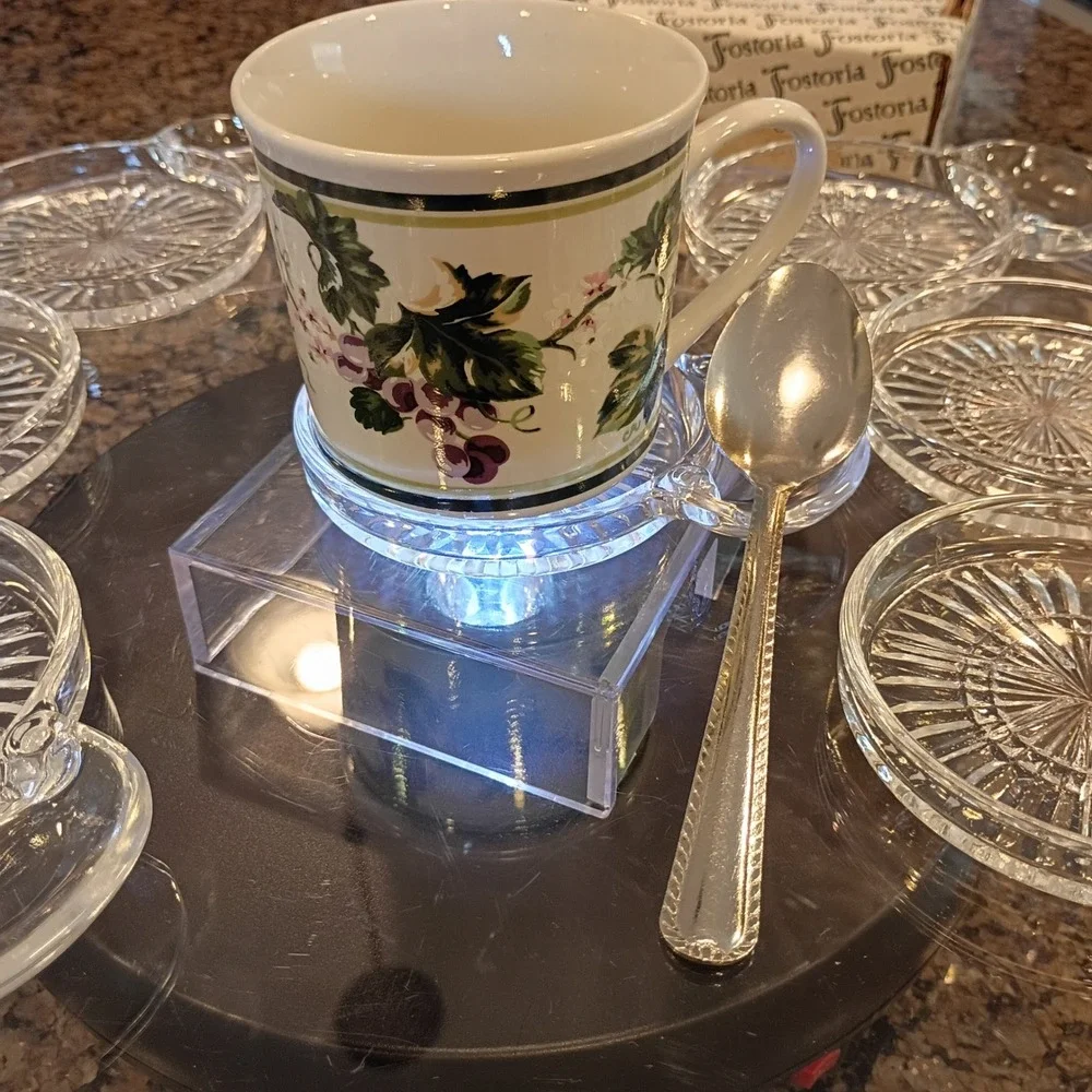 Set of 8 Fostoria American Clear Glass Coasters with Spoon Rest Tab Vintage USA